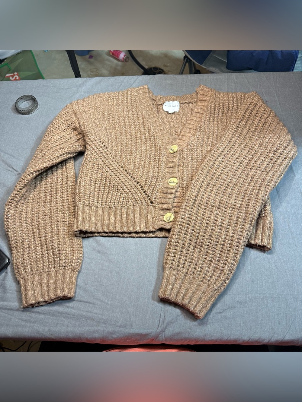 Pink Rose Chunky Cropped V-Neck Cardigan - Brown
